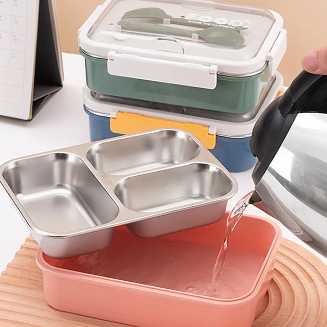 On the Go with Our 3-Compartment Bento Lunch Box with Breathable Button Design