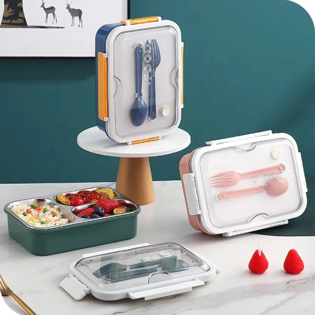 On the Go with Our 3-Compartment Bento Lunch Box with Breathable Button Design