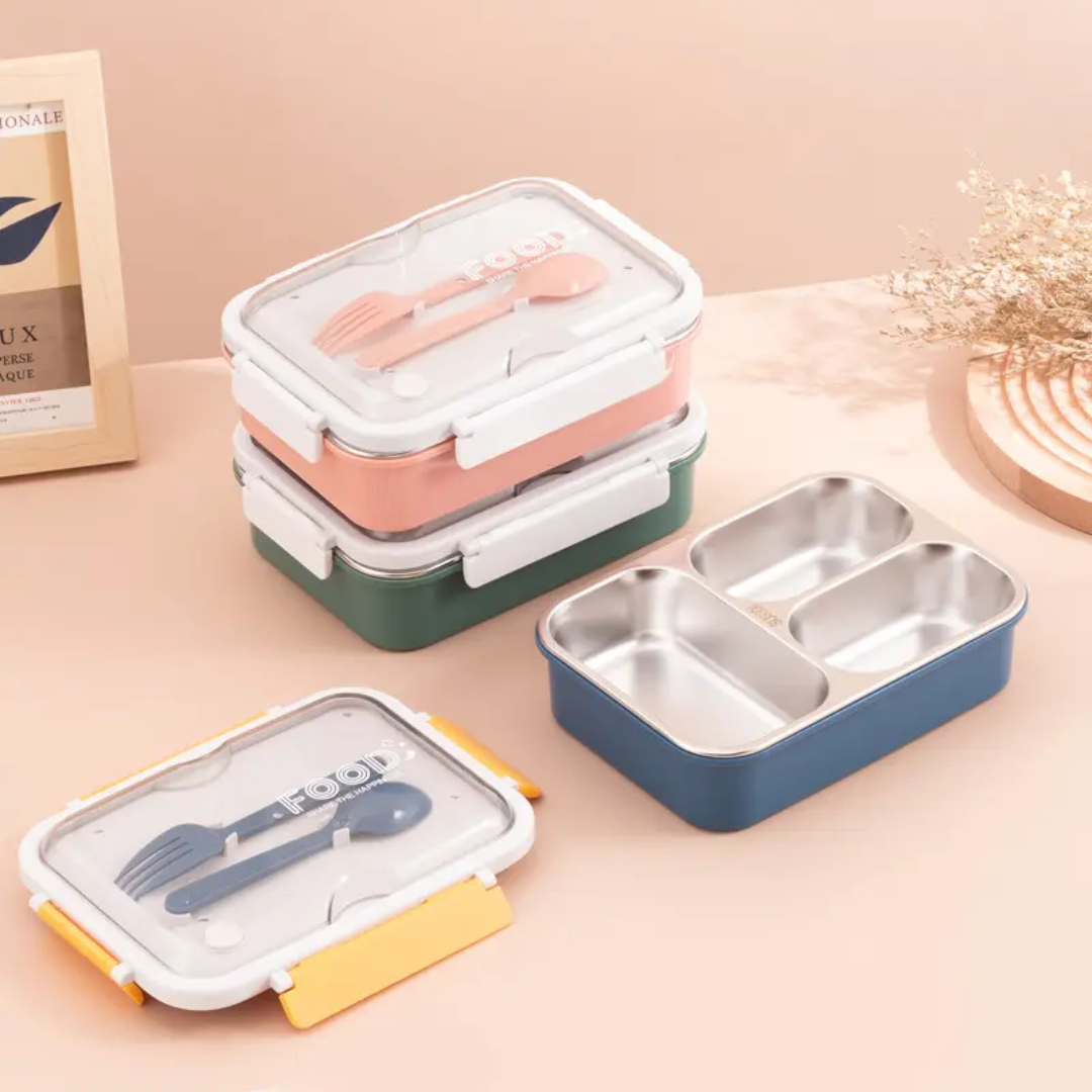 On the Go with Our 3-Compartment Bento Lunch Box with Breathable Button Design