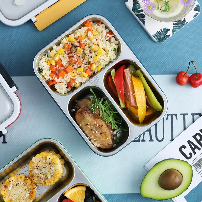 On the Go with Our 3-Compartment Bento Lunch Box with Breathable Button Design