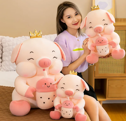 Milk Tea Pig Plush Toy – 30cm Cute Bubble Tea Piggy Stuffed Animal, Soft Plush Pillow, Back Cushion