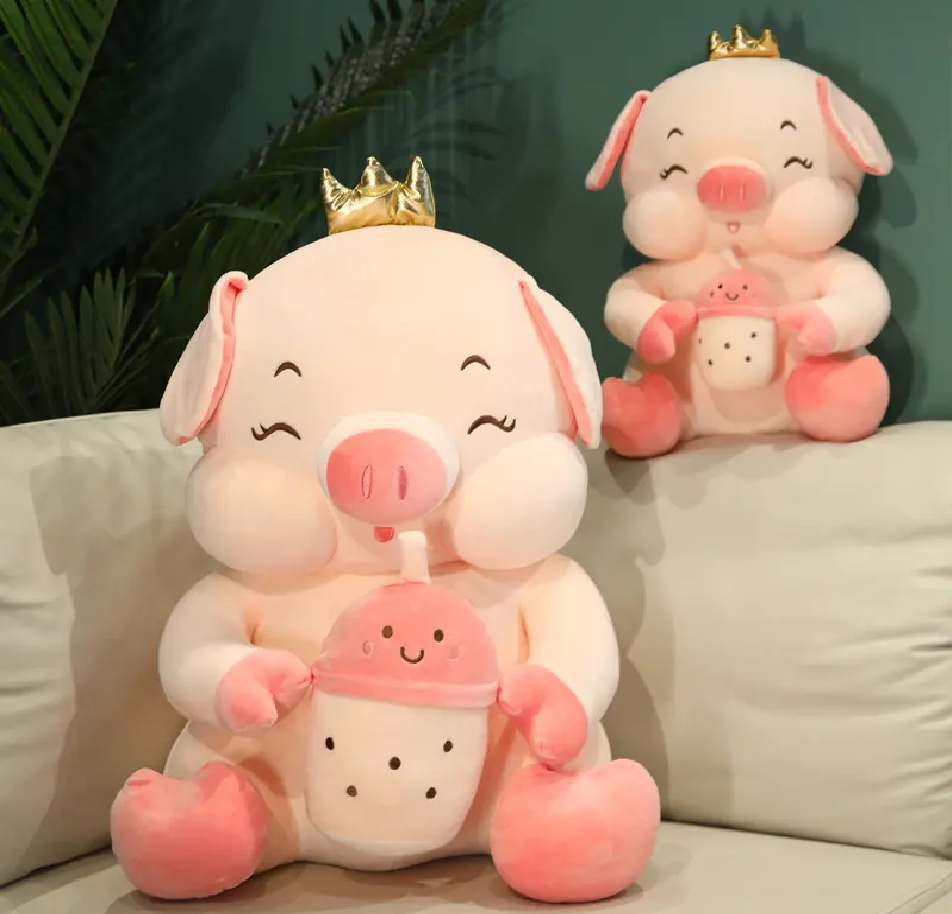 Milk Tea Pig Plush Toy – 30cm Cute Bubble Tea Piggy Stuffed Animal, Soft Plush Pillow, Back Cushion