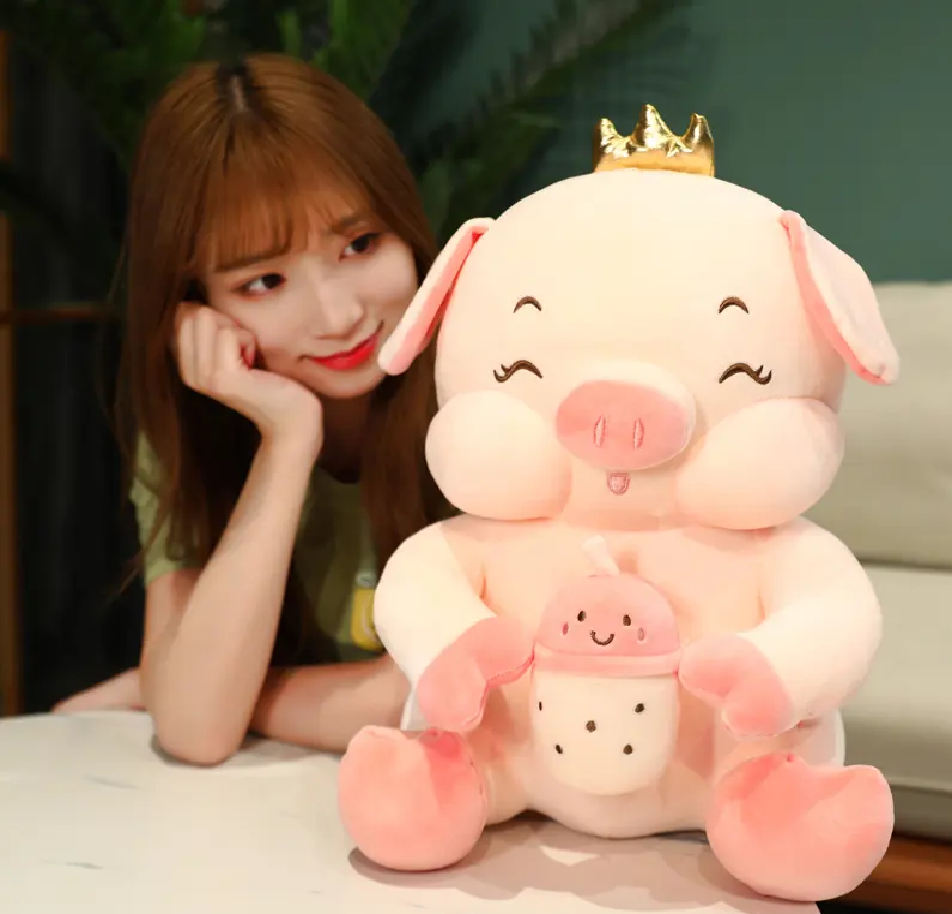 Milk Tea Pig Plush Toy – 30cm Cute Bubble Tea Piggy Stuffed Animal, Soft Plush Pillow, Back Cushion